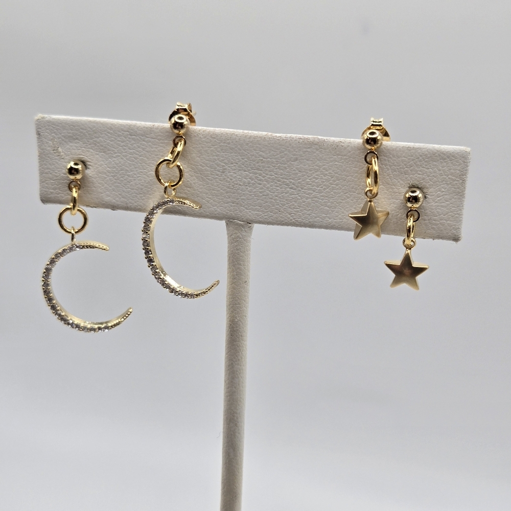 Gold Celestial Star Moon Tiny Fairy Earrings Gold Plate Mini CZ Whimsigoth